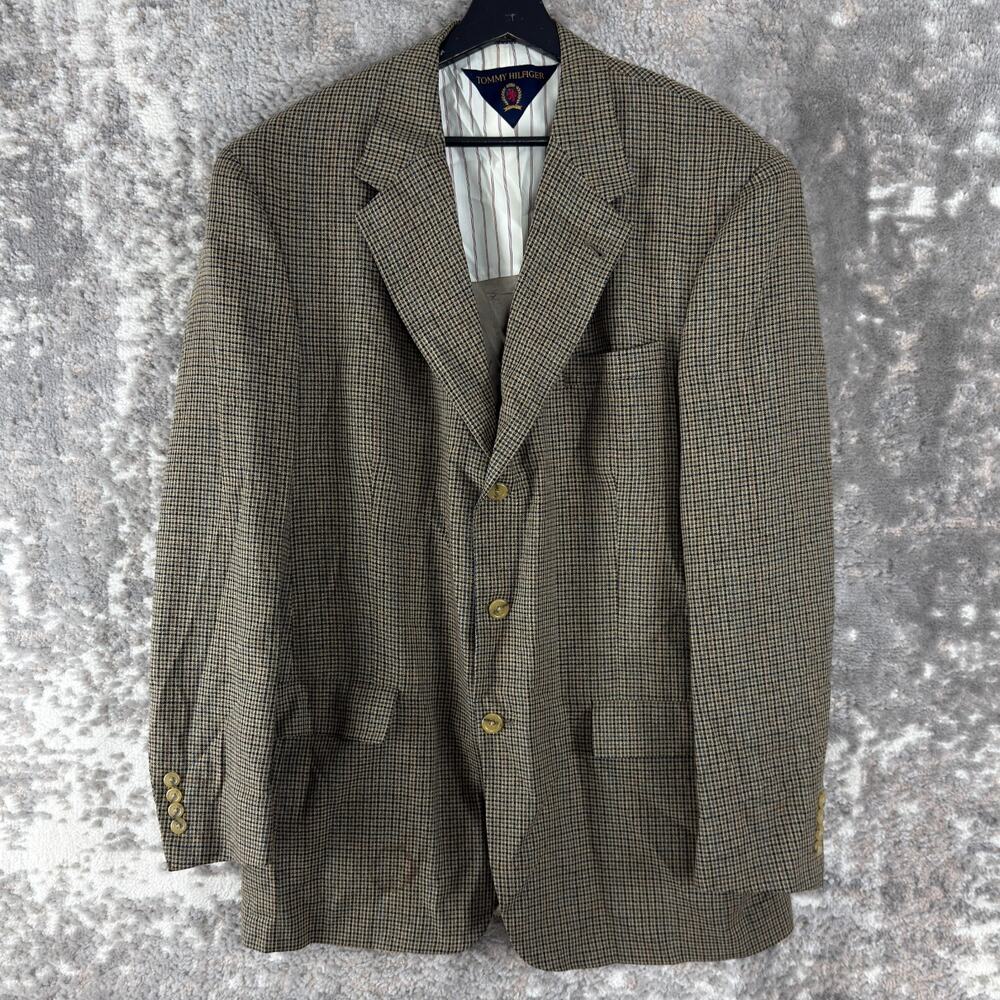 Tommy Hilfiger Size 43L Houndtooth Career Notched Blazer‎ Jacket Gray Button